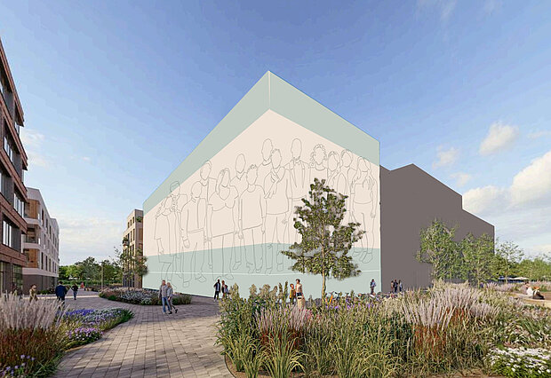 Moderner Platz mit gepflastertem Weg, Büschen, Bäumen und einem großen Gebäude mit einer angedeuteten Wandzeichnung von Menschen