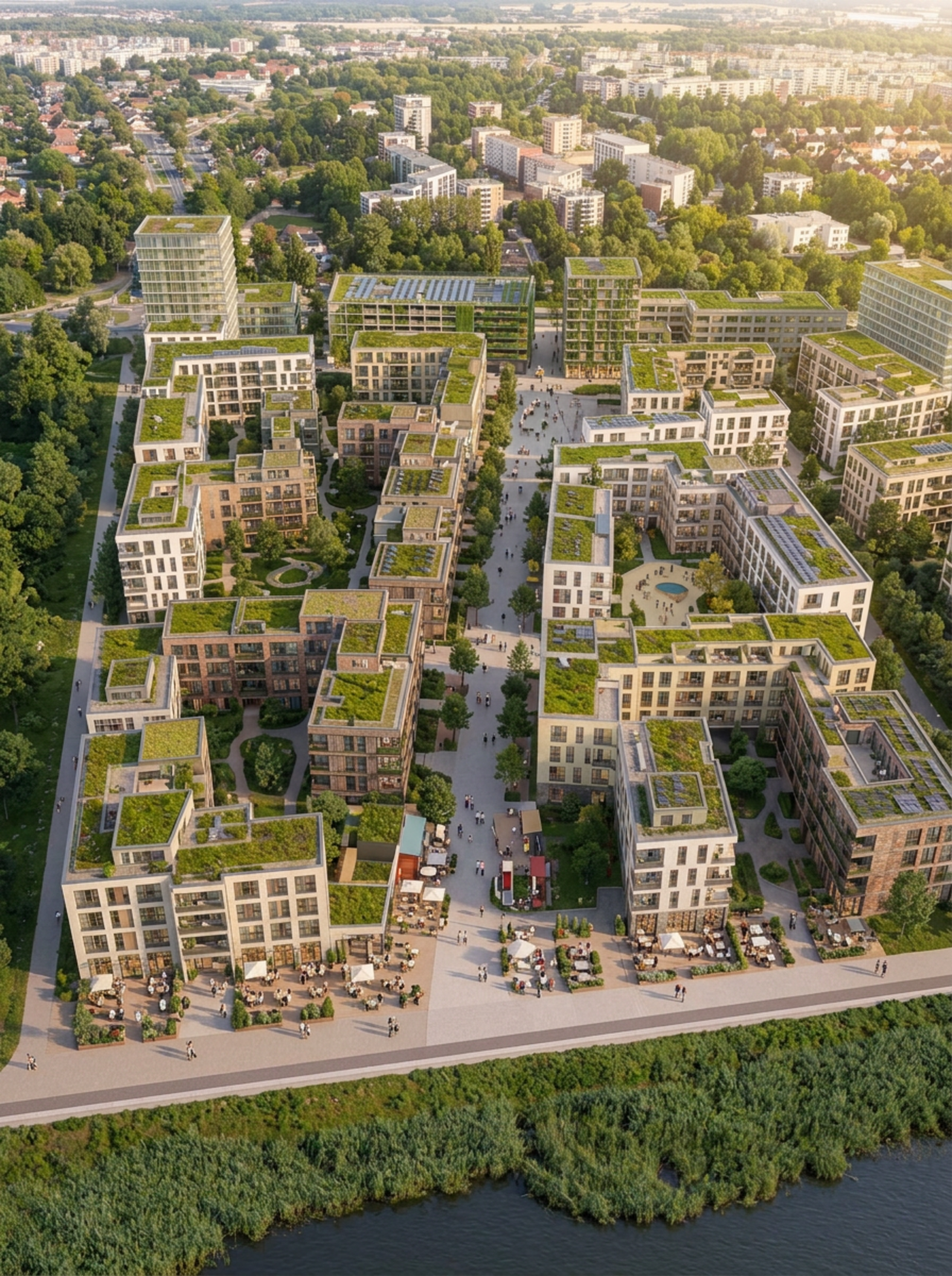 Luftaufnahme eines modernen Wohnquartiers mit begrünten Flachdächern und Innenhöfen neben einem Gewässer