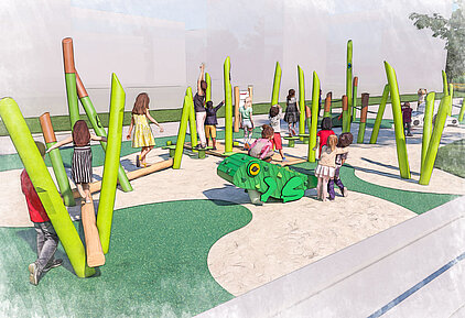 Spielplatz mit mehreren Kindern, die zwischen hohen, grünen, stangenförmigen Kletterelementen und einer grünen Froschfigur spielen