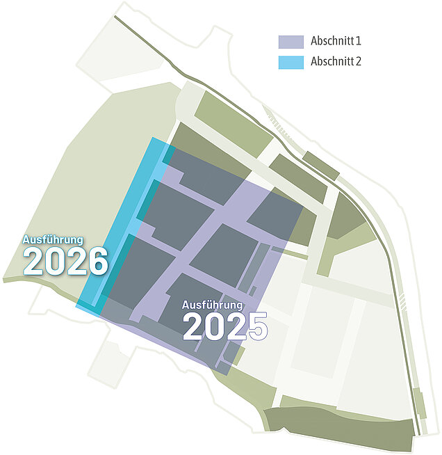 Geamtplan vom WarnowQuartier mit Kennzeichnung der Abschnitte für die Sondierungsarbeiten mit den Jahreszahlen 2025 und 2026 zur Ausführung
