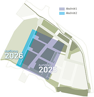Geamtplan vom WarnowQuartier mit Kennzeichnung der Abschnitte für die Sondierungsarbeiten mit den Jahreszahlen 2025 und 2026 zur Ausführung