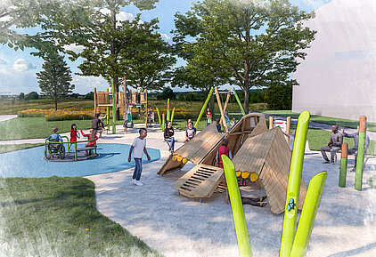 Spielplatz mit mehreren Kindern und Erwachsenen, Holzspielgeräten, Rutsche, Schaukel und Karussell, umgeben von Bäumen und Wiese