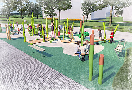 Spielplatz mit mehreren Kindern, die auf grüner Gummimatte zwischen hohen, bunten Pfosten spielen, umgeben von Bänken und Bäumen