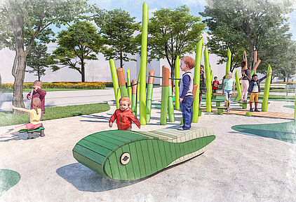 Spielplatz mit mehreren Kindern, grüner Holzstruktur in Form einer Kaulquappe und hohen grünen Stangen, Bäume im Hintergrund