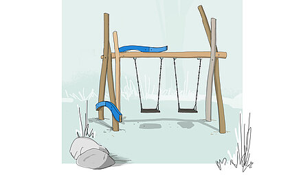 Holzschaukel mit zwei schwarzen Sitzflächen und Wellenelementen