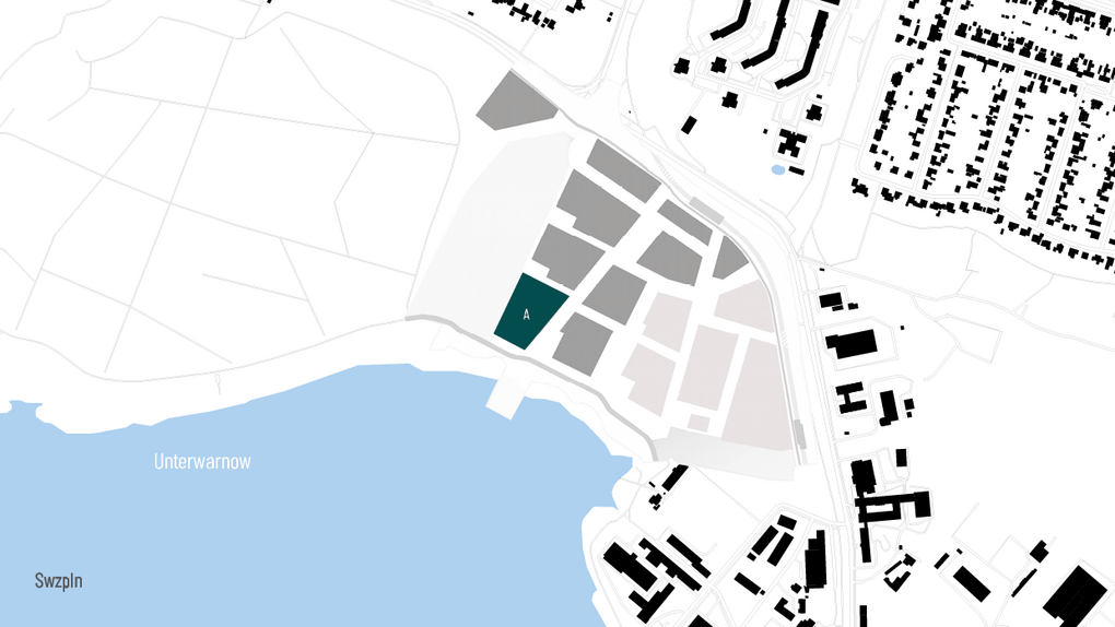Kartenübersicht mit Wasserfläche links und einem Stadtgebiet rechts, das in verschiedene graue und schwarze Flächen unterteilt ist
