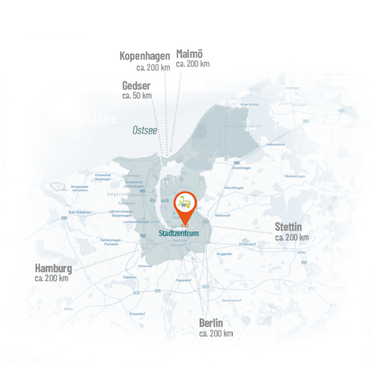 Karte mit Entfernungsangaben von einem markierten Stadtzentrum zu mehreren Städten in der Umgebung, darunter Hamburg, Berlin, Kopenhagen, Malmö, Stettin und Gedser