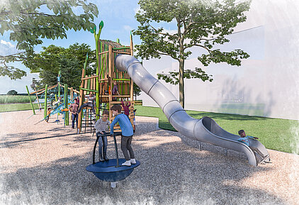 Spielplatz mit großer Rutsche, Klettergerüst aus Holz und mehreren Kindern, die verschiedene Spielgeräte nutzen