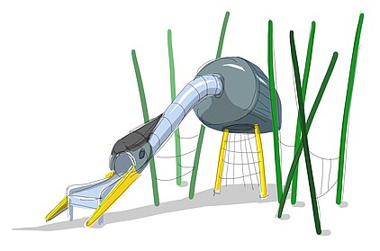 Graue Tunnelrutsche mit gelben Stützen und grünen Stangen in Form einer Ente