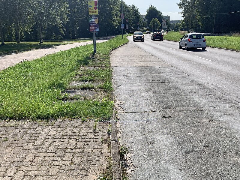 Marode Straße mit einem unsanierten Gehweg, umgeben von städtischen Gebäuden und Bäumen