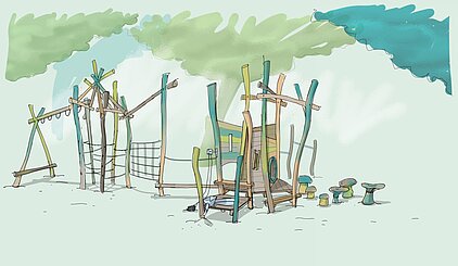 Klettergerüst aus Holz, Netz, Rutsche und Pilz-Hockern unter Bäumen