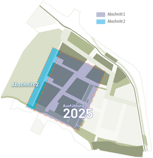 Karte mit zwei farblich markierten Abschnitten für Kampfmittelsondierung, Abschnitt 1 in Grau und Abschnitt 2 in Blau, mit dem Text 'Ausführung 2025' im grauen Bereich