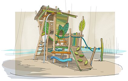 Kinderspielplatz mit Klettergerüst aus Holz, Rutsche, Kletterwand mit grünen Griffen und großen grünen Blättern als Dekoration