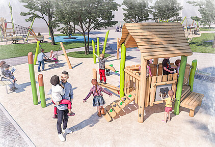 Spielplatz mit Holzhütte, Kletterwand und mehreren Kindern, die spielen und klettern, umgeben von Bäumen und Grünflächen