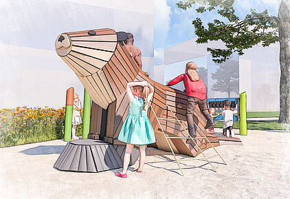 Holzskulptur eines Otters mit Kindern, die darauf klettern und spielen, umgeben von Bäumen und Blumen