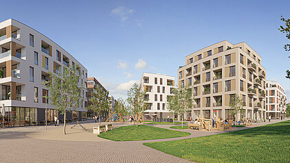 Moderner Wohnkomplex mit mehrstöckigen Gebäuden, Grünflächen, Bäumen und einem Spielplatz unter blauem Himmel