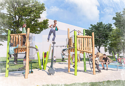 Spielplatz mit Klettergerüst aus Holz und grünen Elementen, mehrere Kinder spielen, Bäume und Gebäude im Hintergrund