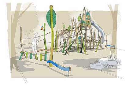 Spielplatz mit Klettergerüst aus Holz, Rutsche, Balancierbalken und spielenden Kindern