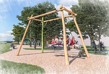 Holzschaukel mit mehreren sitzenden Personen in einem Park mit Bäumen und Wegen im Hintergrund