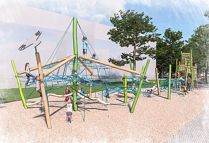 Mehrere Kinder spielen auf einem großen Klettergerüst mit Seilen und Holzpfosten in einem Spielplatz mit Kiesboden und Bäumen im Hintergrund