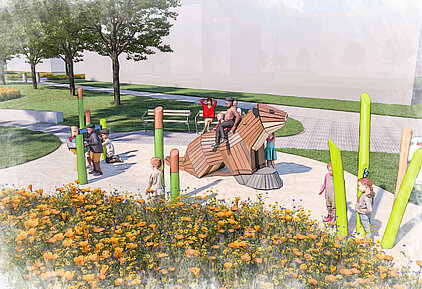 Kinder spielen auf einem hölzernen Otter-Klettergerüst in einem Park mit Blumenbeet und Bäumen