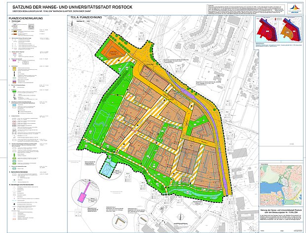 Stadtplan mit Flächennutzungsplan vom WarnowQuartie zeigt verschiedene Nutzungszonen in Farben wie Grün für Grünflächen und Orange für Wohngebiete, inklusive Legende und Lageplan