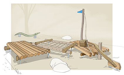 Klettergerüst in Form eines Flosses mit Mast und blauem Wimpel, Wippe in Form eines Aals 