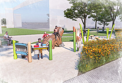 Spielplatz mit mehreren Kindern, die auf Holzspielgeräten zum Musizieren im Vordergrund