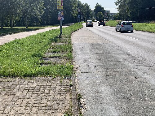 Marode Straße mit einem unsanierten Gehweg, umgeben von städtischen Gebäuden und Bäumen