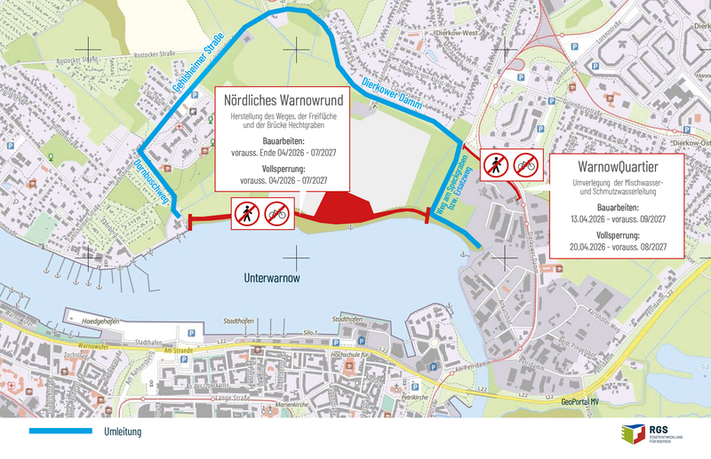 Kartenausschnitt mit Umleitungsroute um den nördlichen Warnowabschnitt und das WarnowQuartier, markiert mit Sperrbereichen und Bauzeitangaben