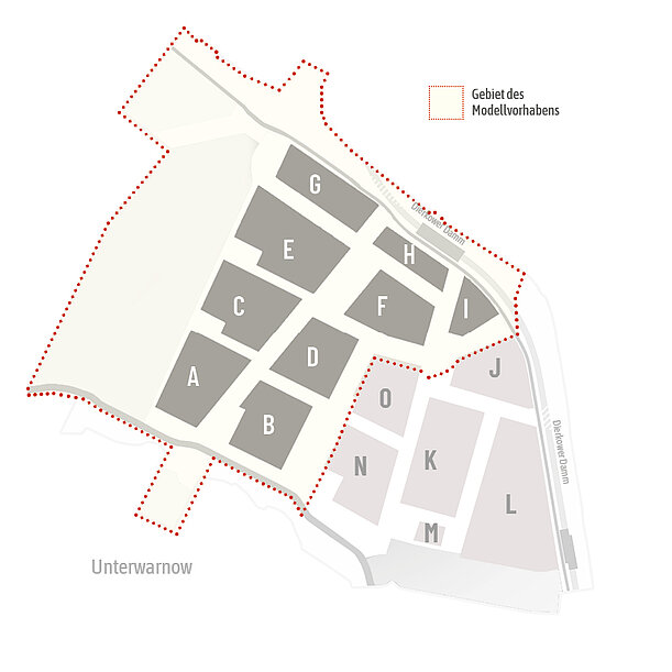 Karte mit grauen Flächen innerhalb einer rot gepunkteten Linie, die das Gebiet des Modellvorhabens markiert