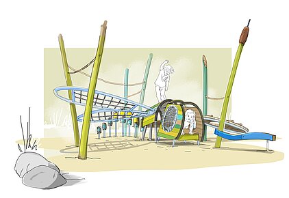 Kinderspielplatz mit Klettergerüst in Form einer Libelle mit zwei spielenden Kindern