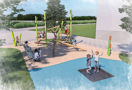 Spielplatz mit Klettergerüst aus Holz, mehreren Kindern beim Spielen, darunter zwei auf einem eingebauten Trampolin