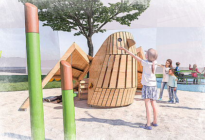 Kind spielt vor einem hölzernen Vogelhaus-Spielgerät mit Baum im Hintergrund auf einem Spielplatz