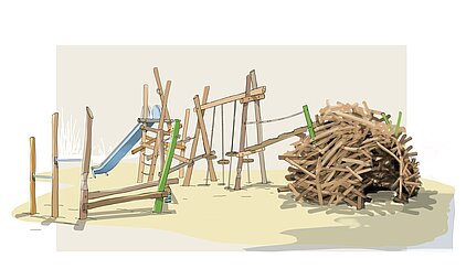 Spielplatz mit Rutsche, Balancierbalken, Klettergerüst aus Holz und einem großen, halbrunden Biberbau als Höhle