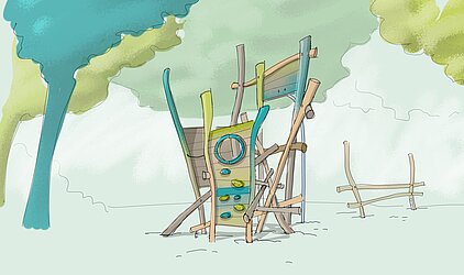 Kinderspielplatz mit Klettergerüst aus Holz und bunten Griffen und Rutschstange