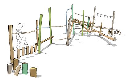 Kind balanciert auf Holzstämmen, die mit Seilen verbunden sind, Teil eines Klettergerüsts aus Holzstämmen und Pfosten