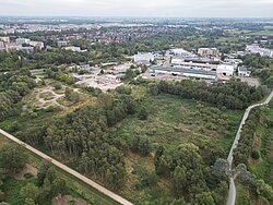 Luftaufnahme einer grünen Landschaft im WarnowQuartier mit urbanen Gebäuden im Hintergrund, umgeben von Bäumen und Wegen.