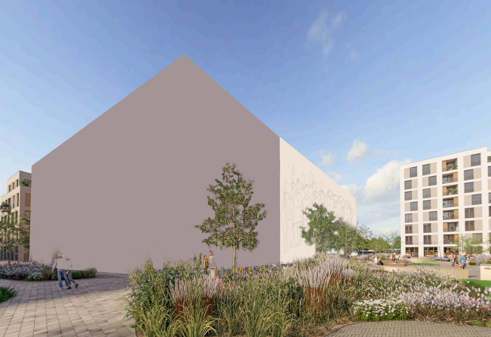 Moderner Platz mit bepflanzten Beeten, Bäumen und umliegenden mehrstöckigen Wohngebäuden unter blauem Himmel