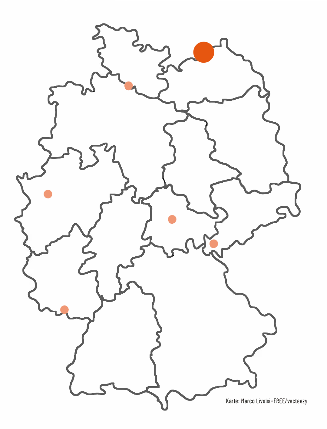 Karte von Deutschland mit markierten Modellkommunen als orangefarbene Punkte unterschiedlicher Größe