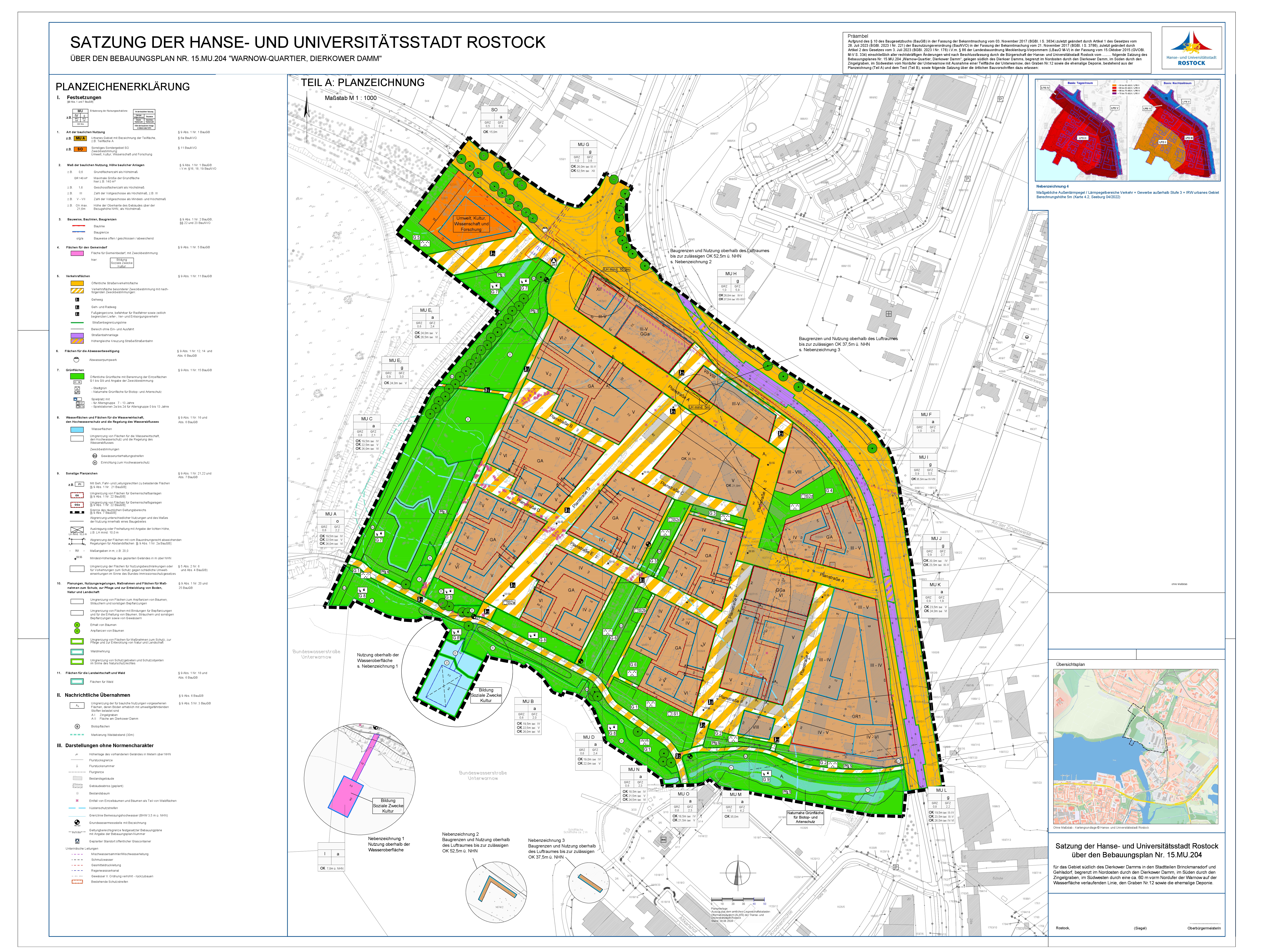 Stadtplan mit Flächennutzungsplan vom WarnowQuartie zeigt verschiedene Nutzungszonen in Farben wie Grün für Grünflächen und Orange für Wohngebiete, inklusive Legende und Lageplan