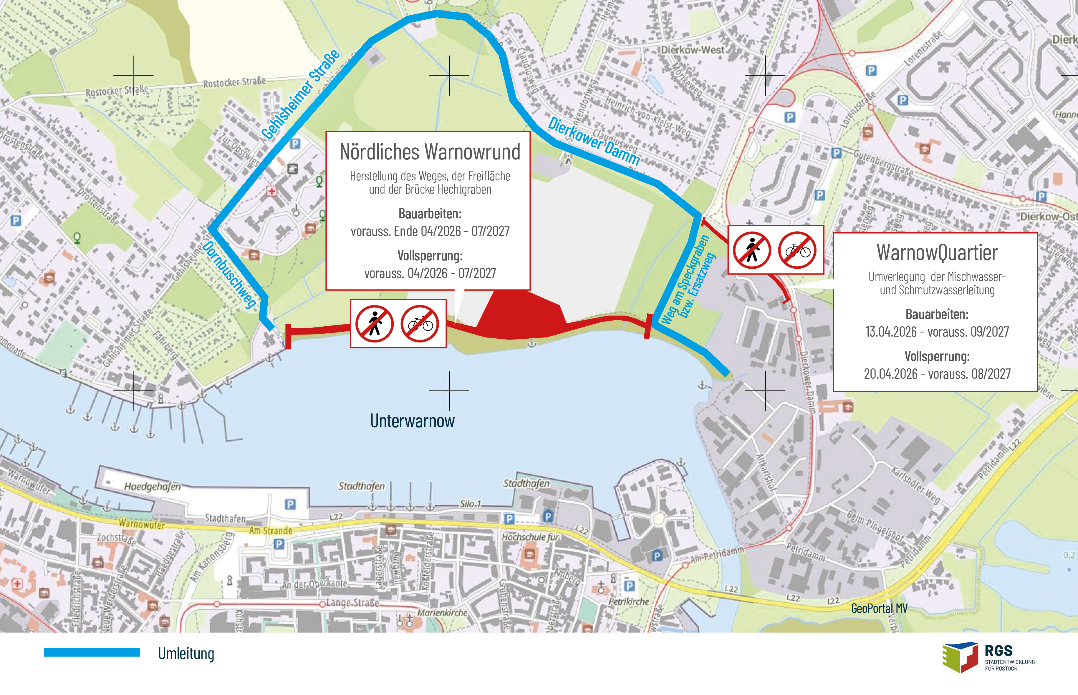 Kartenausschnitt mit Umleitungsroute um den nördlichen Warnowabschnitt und das WarnowQuartier, markiert mit Sperrbereichen und Bauzeitangaben